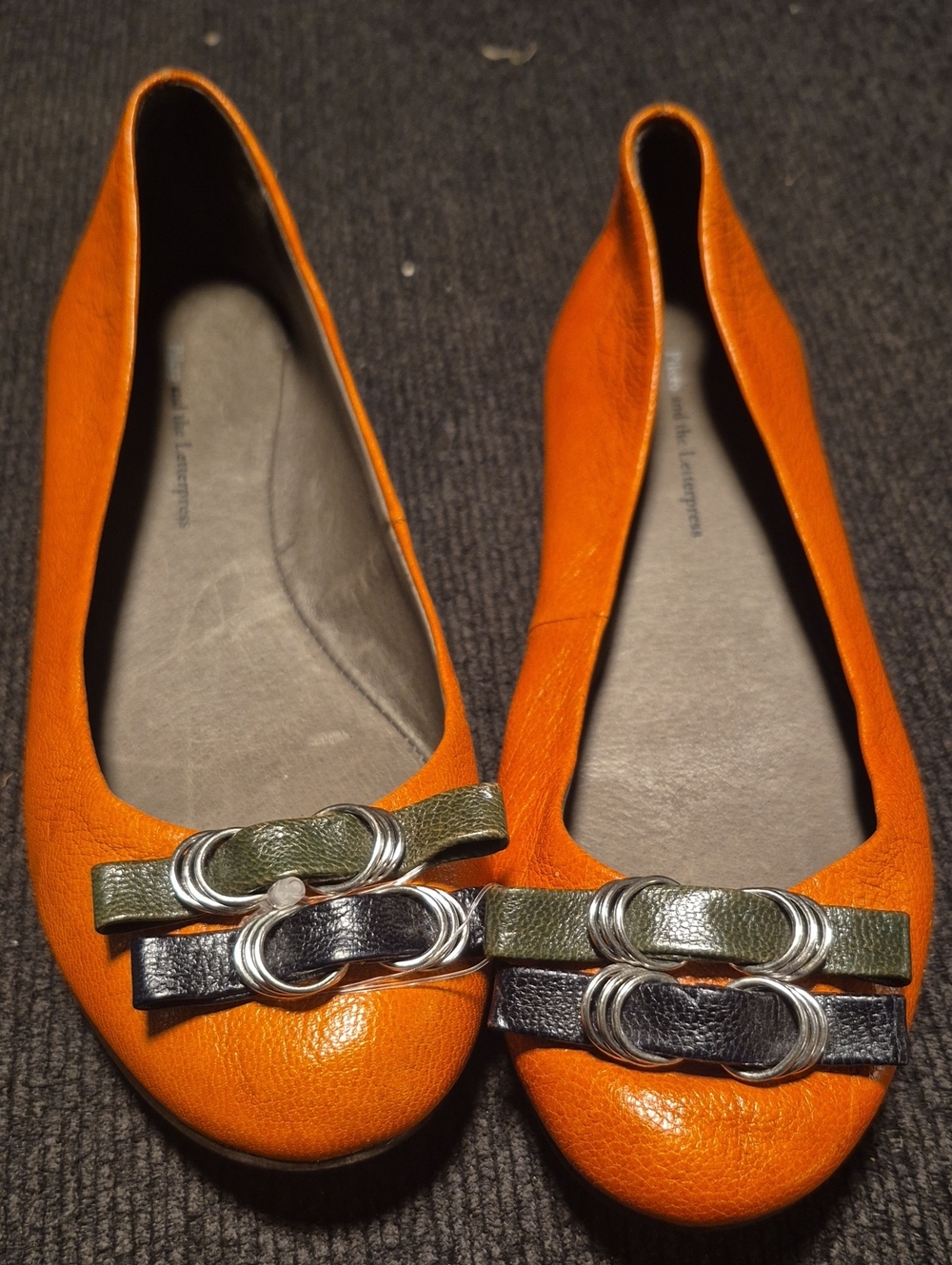 Pilcro Orange Leather Ballet Flats with Metallic Bow Accents